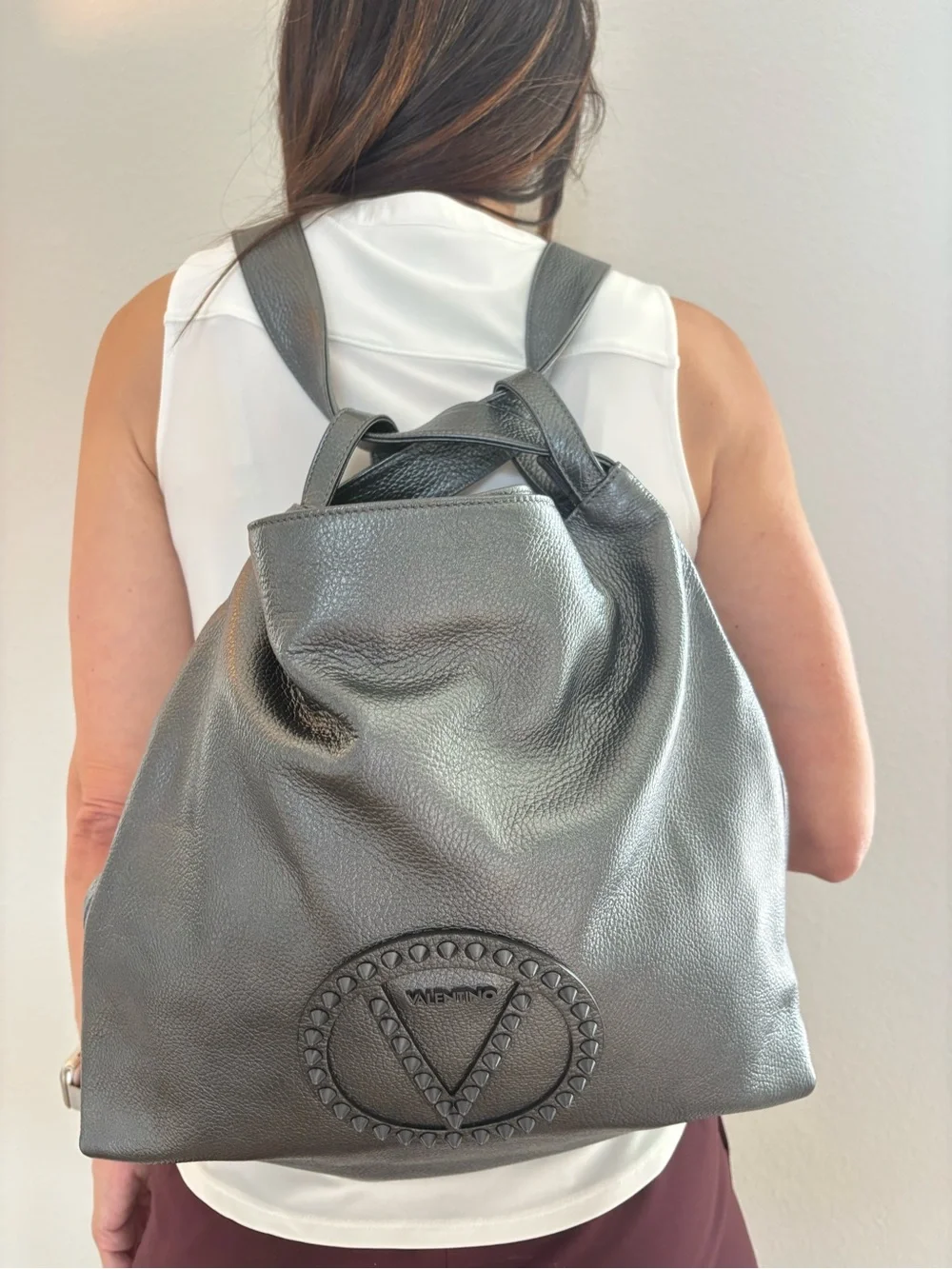 Valentino Metallic Gray Studded Logo Leather Tote